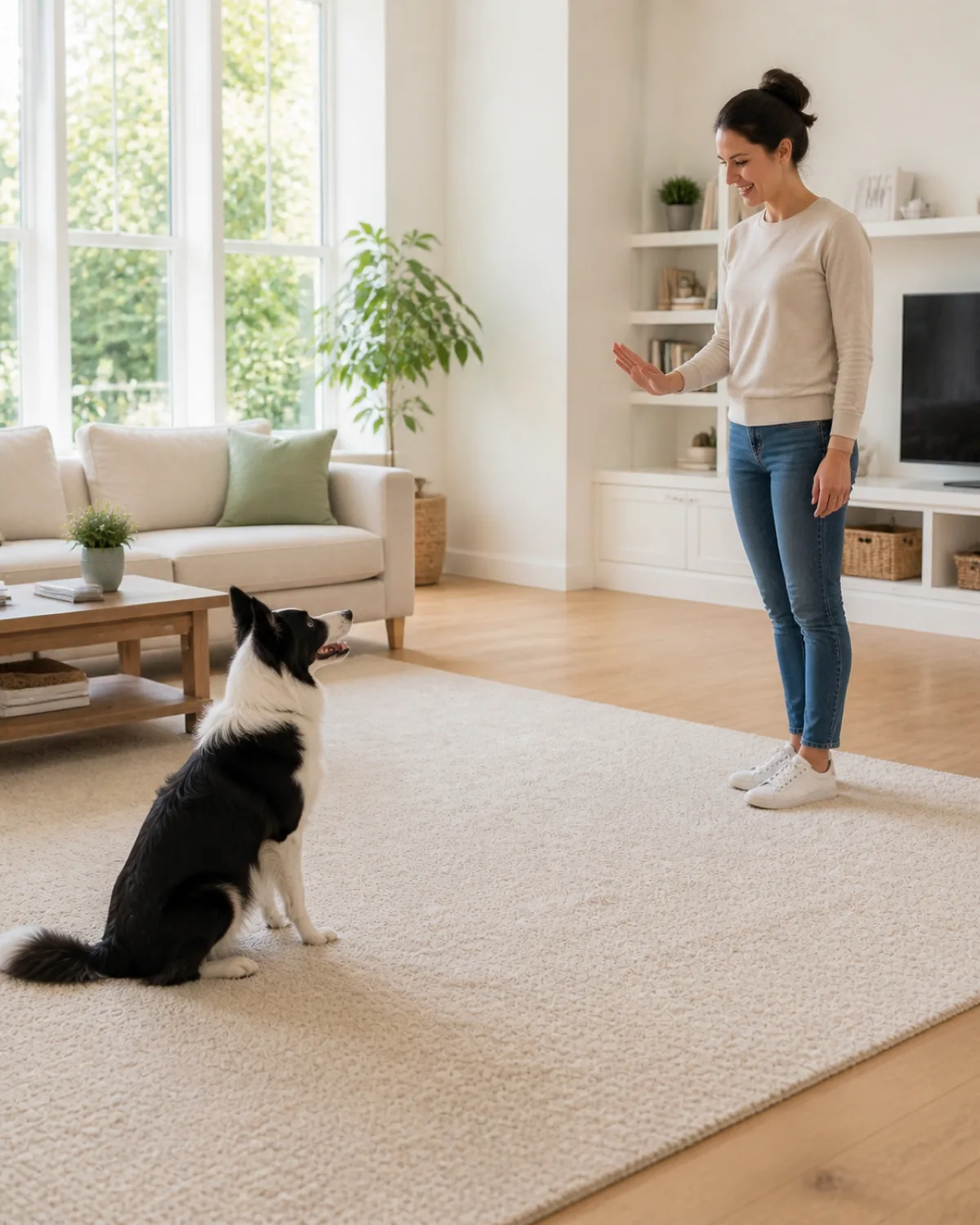 a medium-sized dog with a striking black-and-white double coat and erect pointed ears sitting on a cream rug with a person standing about eight feet away facing the dog with one hand raised in a subtle gesture open space between them in a bright airy living room with large windows