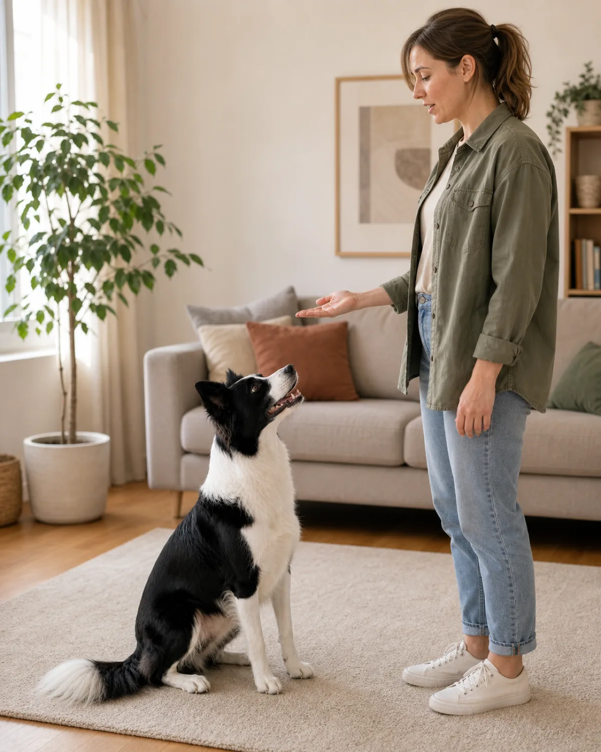 a person standing in front of a medium-sized dog with a striking black-and-white double coat and erect pointed ears with the person mouth slightly open as if saying a word one hand makes a small palm-up gesture the dog is sitting and looking up at the person face attentively in a warm living room with soft natural light