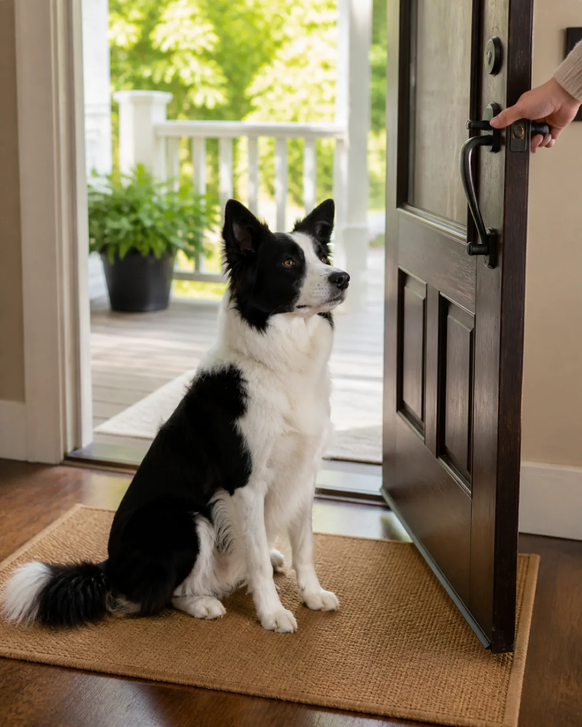 a medium-sized dog with a striking black-and-white double coat and erect pointed ears sitting patiently on a doormat just inside a front door that is partially open showing a sunny porch outside with a person hand resting on the door handle the dog looks calm and composed in warm natural light