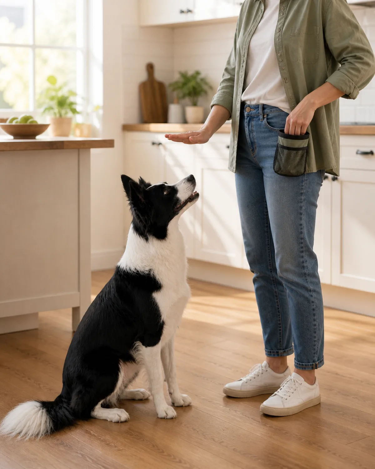 a person making a small upward hand gesture with an empty open palm above a medium-sized dog with a striking black-and-white double coat and erect pointed ears sitting obediently the person other hand reaches toward a treat pouch on their waist in a bright kitchen with warm morning light