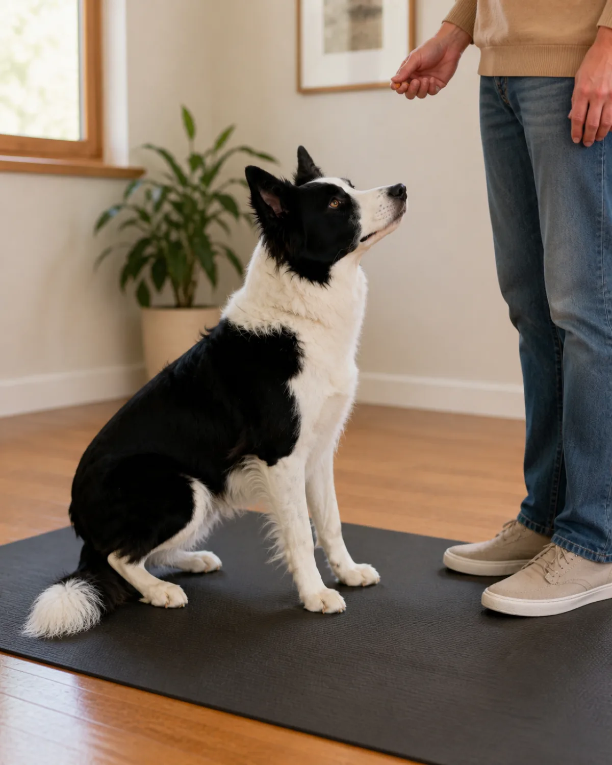 a medium-sized dog with a striking black-and-white double coat and erect pointed ears in an awkward half-squat position on a non-slip mat rear hovering two inches above the floor not quite sitting all the way down with a person standing patiently nearby holding a treat and waiting without pushing or touching the dog in warm room light