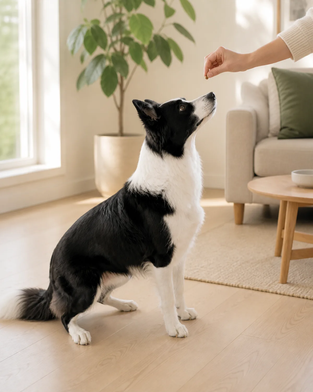 a person hand holding a small soft treat between thumb and two fingers just above the nose of a medium-sized dog with a striking black-and-white double coat and erect pointed ears with the dog head tilted upward following the treat and its rear end beginning to lower toward the floor in a bright living room with natural light