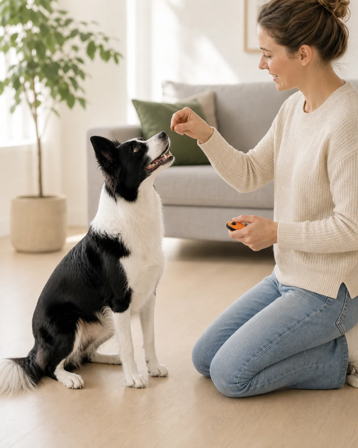 a medium-sized dog with a striking black-and-white double coat and erect pointed ears in a perfect sit position on a light floor with a person kneeling beside the dog one hand extending a small treat and the other hand holding a small orange clicker the dog looks happy with mouth slightly open in a bright room with warm light