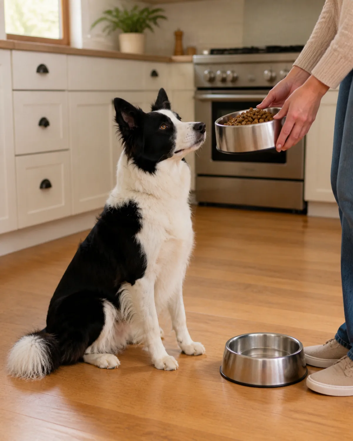 a medium-sized dog with a striking black-and-white double coat and erect pointed ears sitting next to a stainless steel food bowl on a kitchen floor with a person hands holding a second bowl of kibble at waist height about to place it down the dog looks up expectantly with calm body language in a bright kitchen with warm light