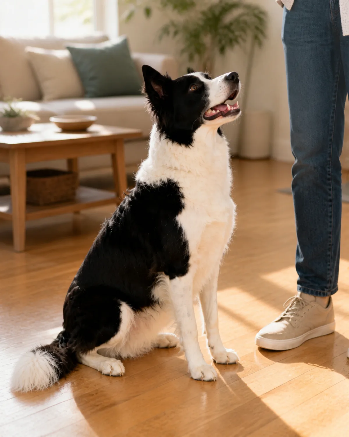 a medium-sized dog with a striking black-and-white double coat and erect pointed ears sitting proudly in a sunbeam on a light hardwood floor in a bright modern living room mouth slightly open in a happy expression relaxed confident posture with a person legs visible standing beside the dog in warm golden afternoon light