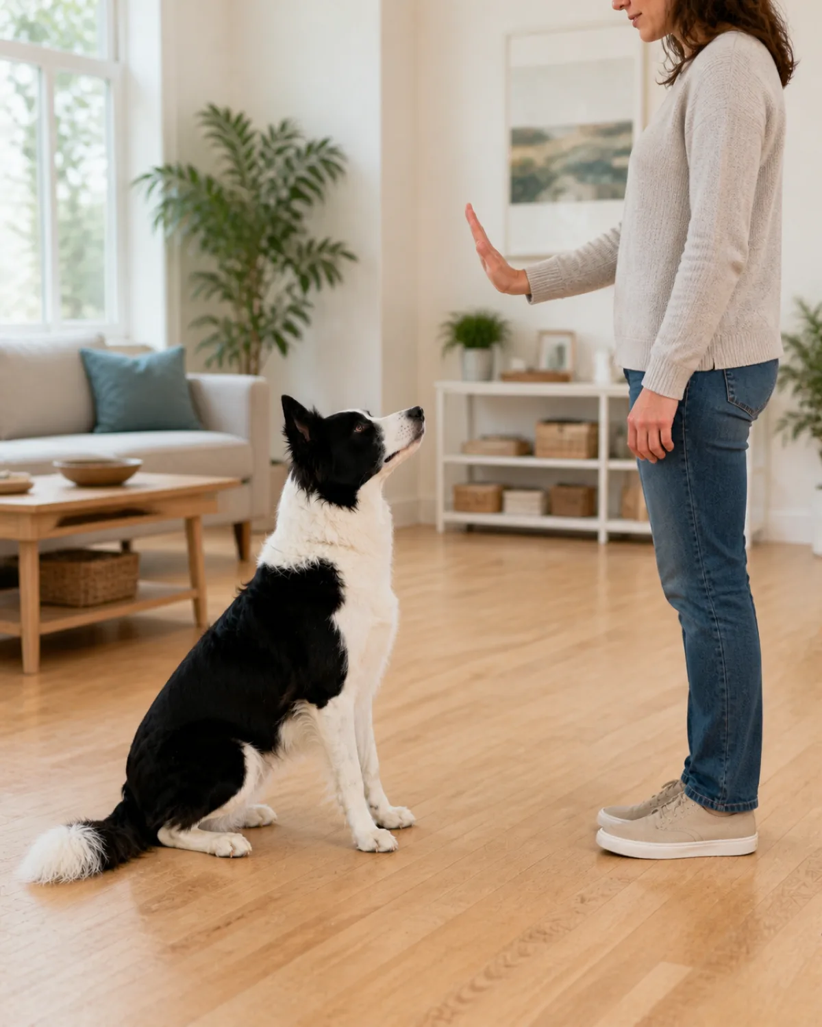 a medium-sized dog with a striking black-and-white double coat and erect pointed ears sitting still on a hardwood floor with a person one step away with their open palm facing the dog in a stay gesture the dog holds the sit with focused eyes on the person in a bright living room