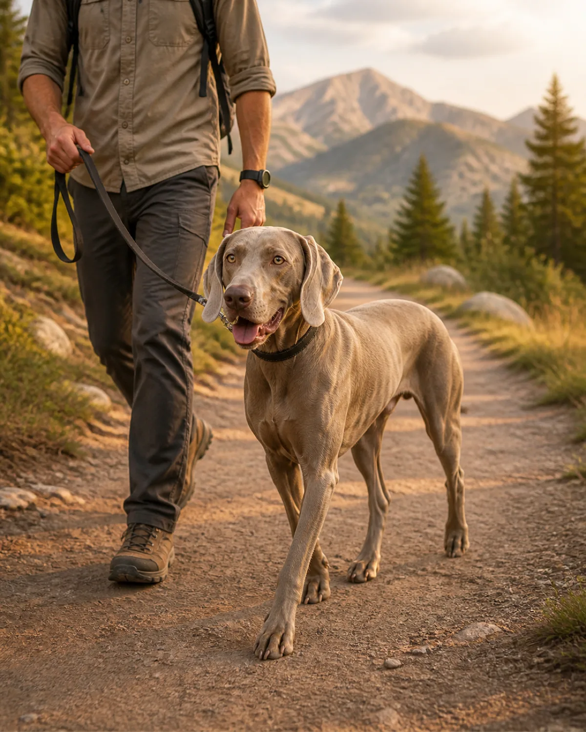 a large sleek dog with a solid silver-grey short coat floppy ears pale amber eyes and an athletic build walking on a leash on a scenic trail with a person with mountains visible in the soft background in golden hour sunlight and the dog walking with confident stride and alert happy expression