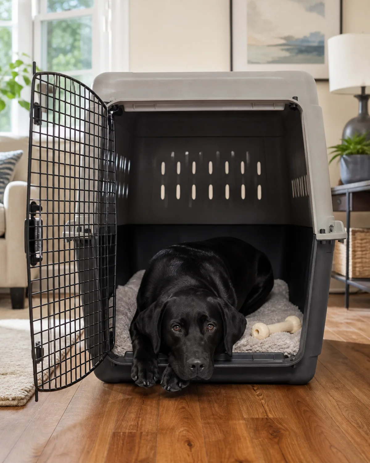 a large athletic solid-black short-coated dog with floppy ears and a glossy coat lying calmly inside a large airline-approved hard-shell crate with the door open and a familiar blanket and a chew toy inside in a living room on a hardwood floor with the dog resting with its head on its paws looking relaxed in bright natural light from a window