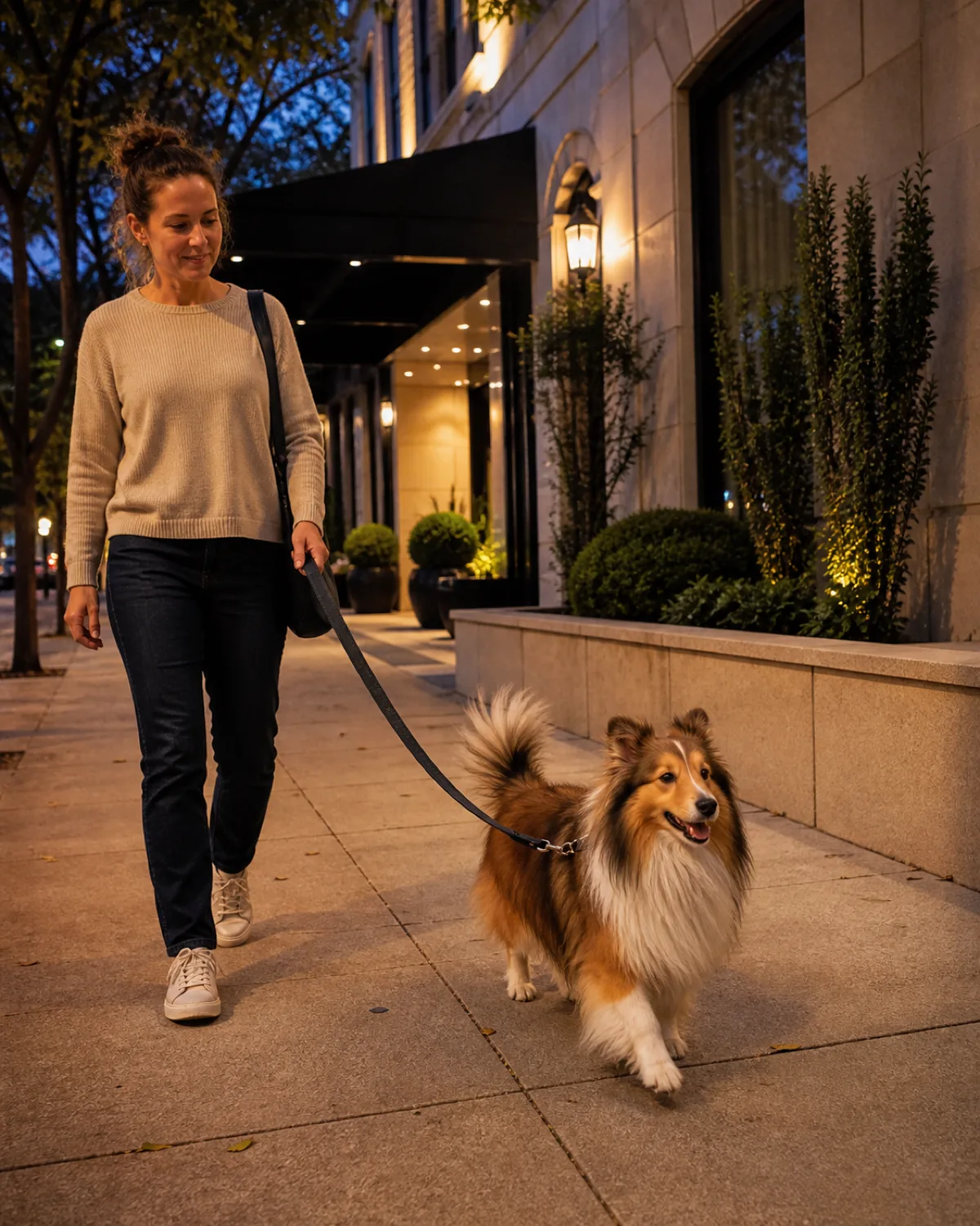 a small collie-like dog with an abundant sable-and-white long coat a mane and frill semi-erect ears and a fine long muzzle walking on a leash along a tree-lined sidewalk near a hotel entrance at dusk with a person walking beside the dog in warm streetlight glow and the dog trotting happily with tail up