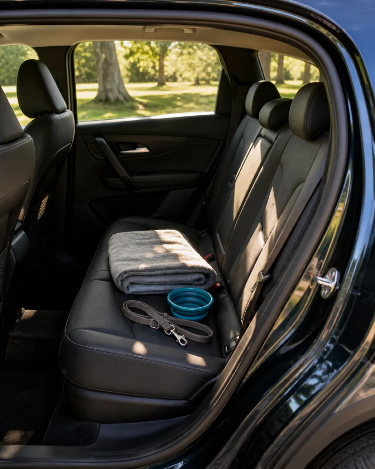 interior view of an empty back seat of a parked car seen from outside through the open rear door with a travel blanket folded neatly on the seat and a portable water bowl and a leash clip sitting on the seat and sunlight streaming through the windows showing it is a warm day with the car clearly empty and no dog inside