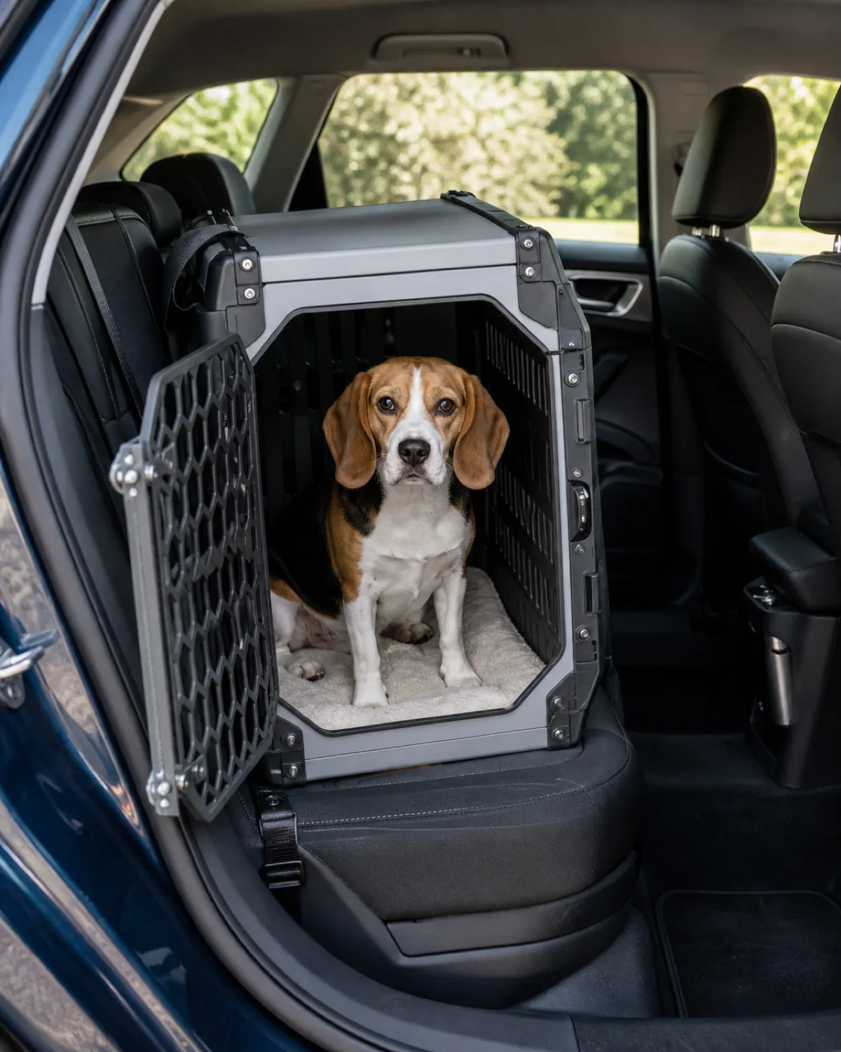 a small sturdy tricolor black white and tan short-coated hound with long low-set floppy ears sitting inside a crash-tested travel crate that fits snugly on the back seat of a car with the crate door open and a soft pad inside and the dog peeking out calmly with relaxed ears in bright natural light from the car window