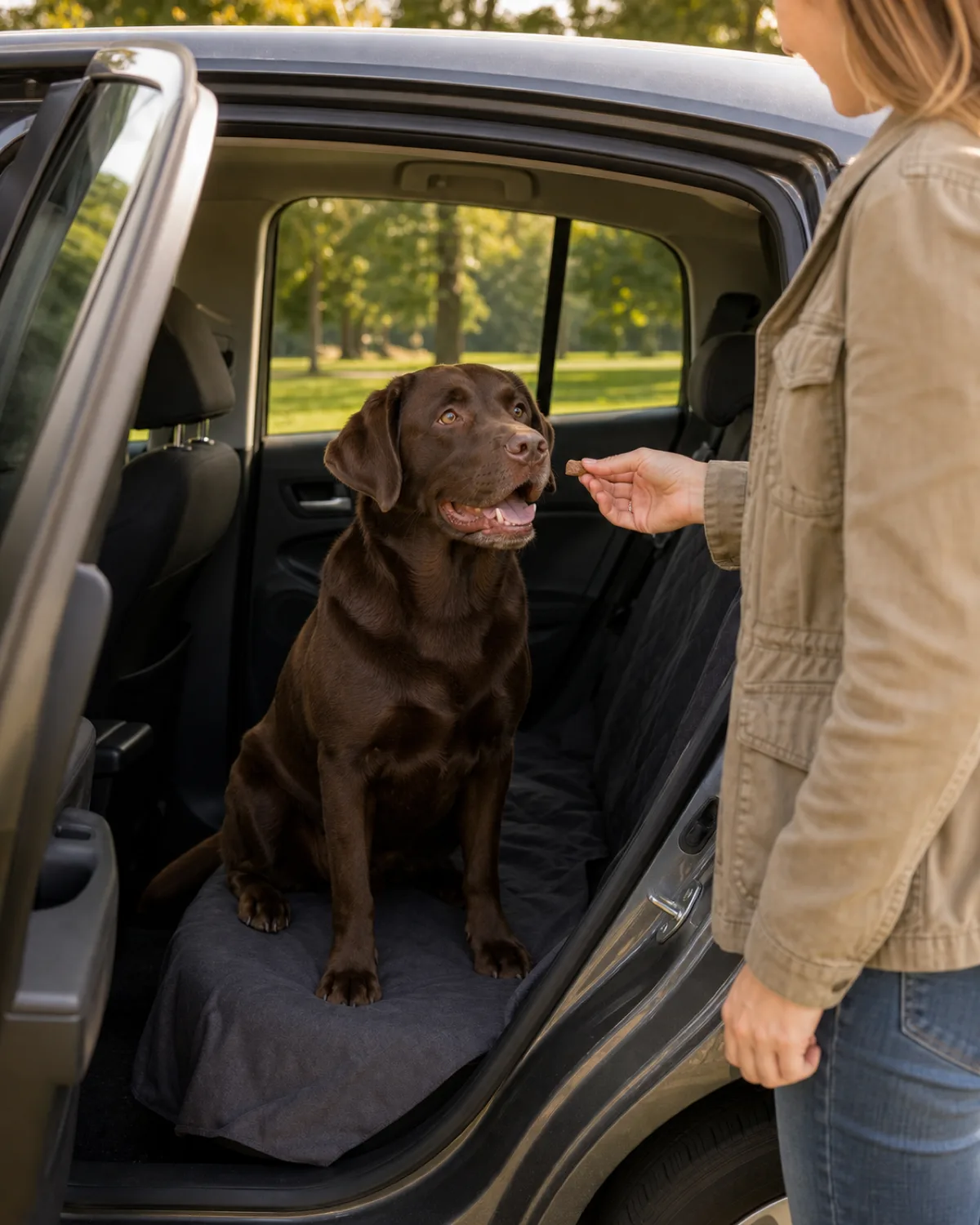 a large solid chocolate-brown short-coated dog with floppy ears and an athletic build sitting happily in the back seat of a parked car with the door open and a person standing outside the car door offering a small treat with green park trees visible in the background in warm afternoon sunlight