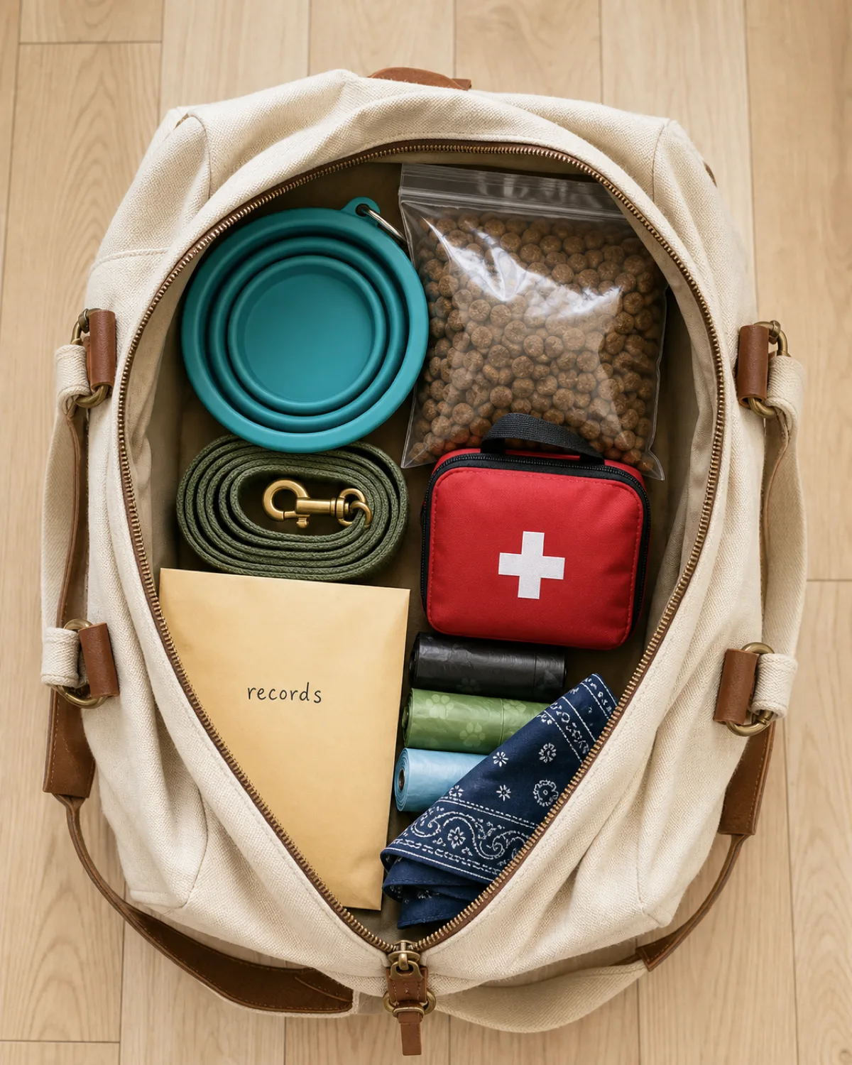 a top-down view of an open canvas travel bag on a light wood floor neatly packed with a collapsible silicone water bowl in teal a resealable bag of kibble a rolled-up leash a small red first-aid pouch a manila envelope labeled records in handwriting poop bag rolls and a folded bandana in bright natural overhead light