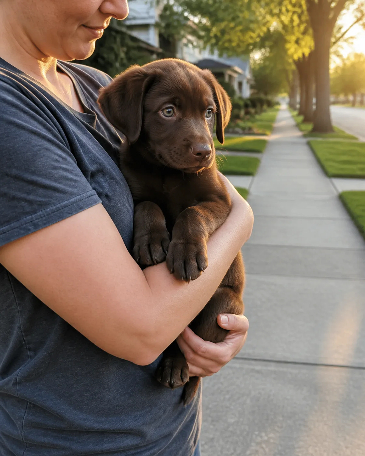 a person standing on a quiet residential sidewalk holding a small chocolate-brown puppy with floppy ears a glossy short coat and big round amber eyes cradled securely in both arms against their chest the puppy looking out at the street with curious wide eyes warm golden hour light
