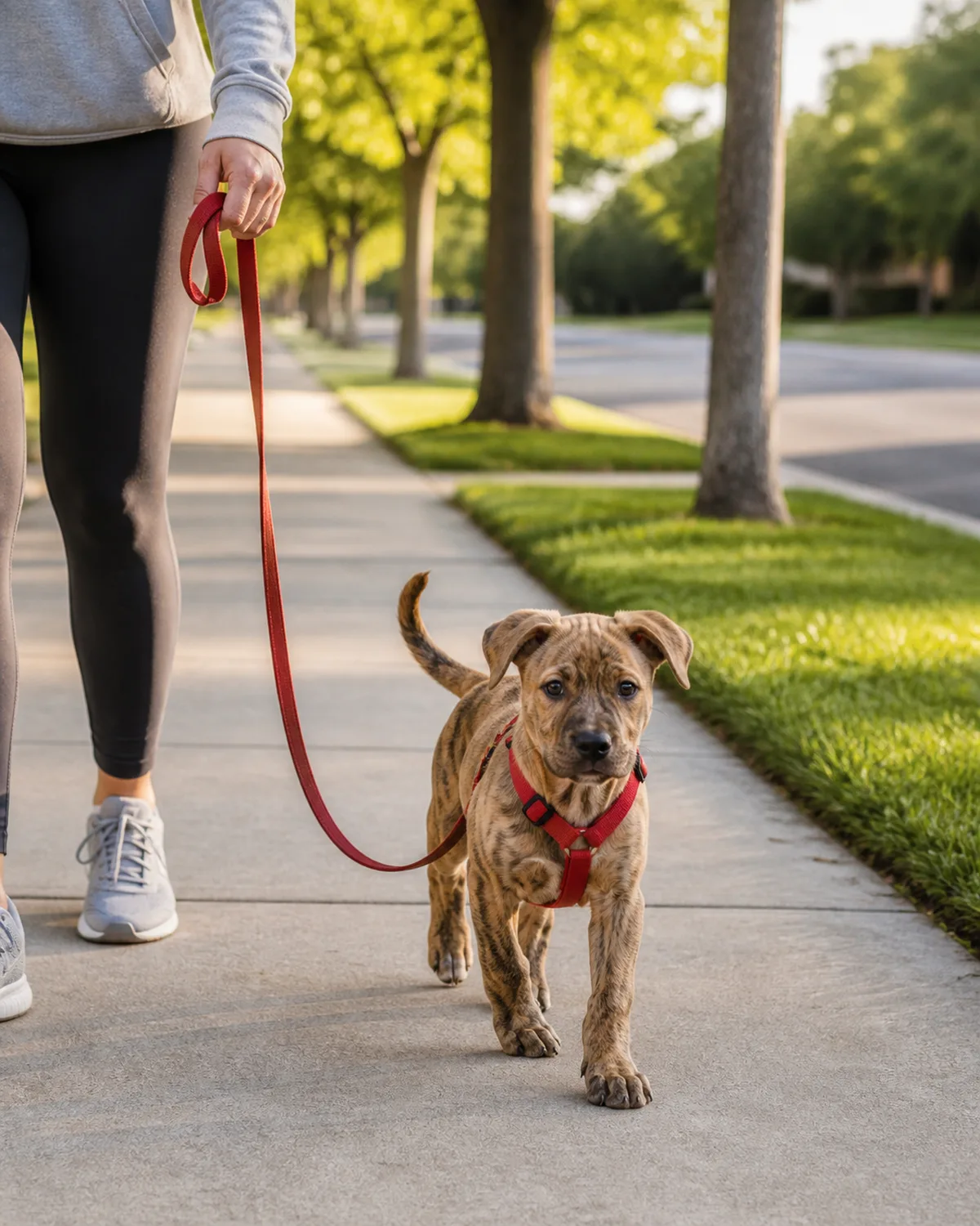 a small sturdy puppy with a smooth brindle coat dark stripes on a fawn base a broad head and a short wagging tail walking on a quiet residential sidewalk beside a person wearing a fitted red Y-shaped harness with a loose leash the puppy looking ahead confidently warm morning light