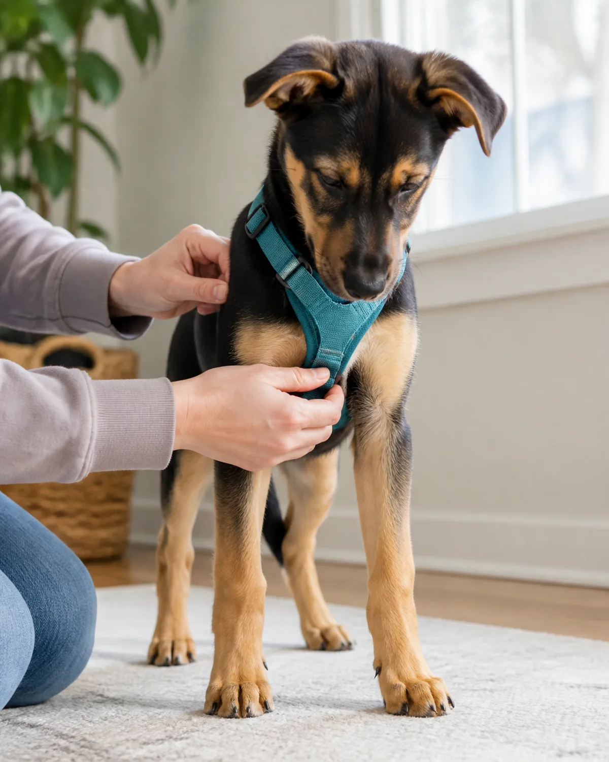 a close-up of a medium black-and-tan puppy with semi-erect ears and a saddle-pattern coat standing still while a persons hands adjust a well-fitted teal Y-shaped harness around its chest the puppy looking down at the harness calmly bright indoor natural light