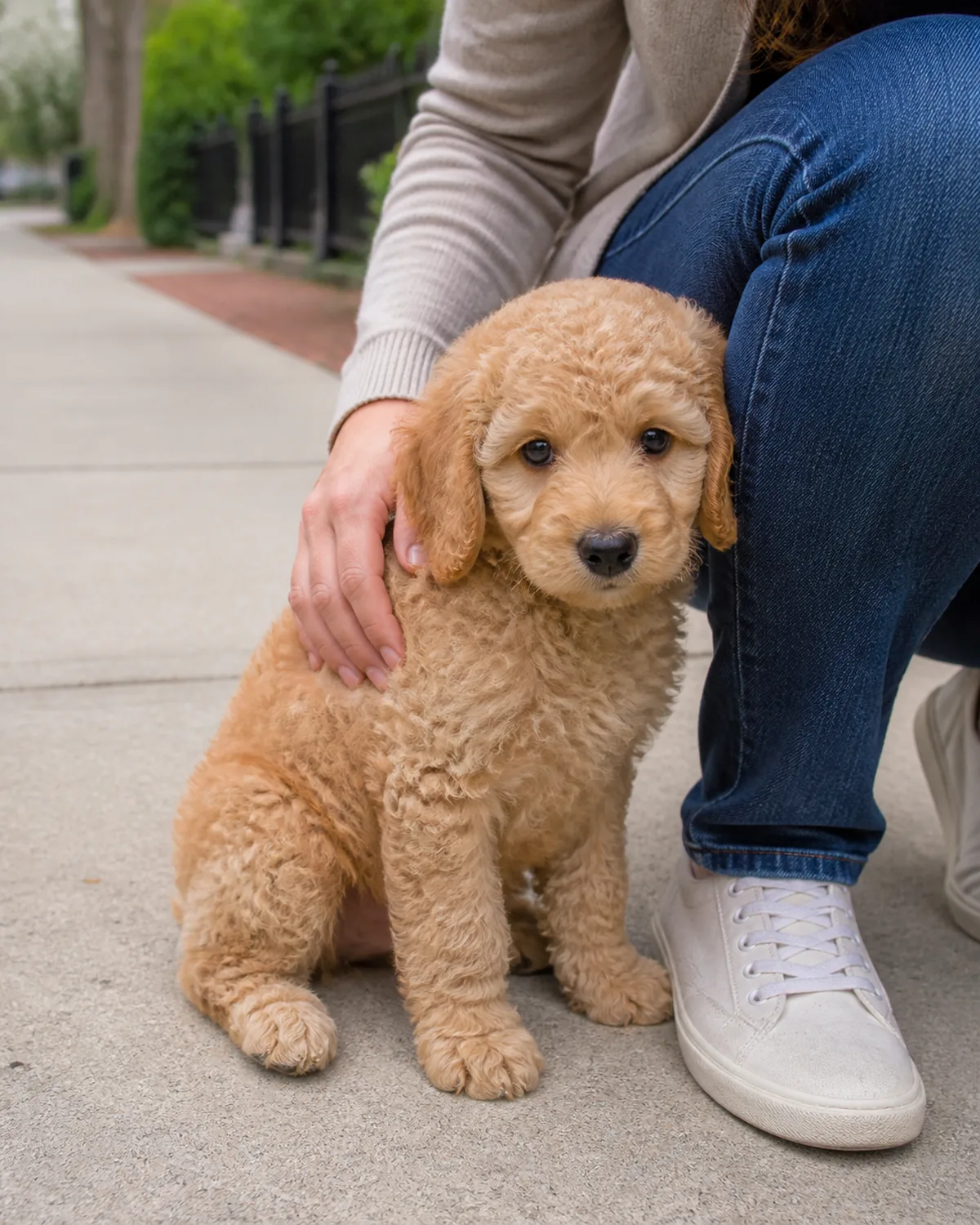 a small puppy with a soft apricot curly coat round dark eyes and floppy ears sitting pressed against a persons leg on a sidewalk ears slightly flattened and body leaning into the person the person bending down to gently touch the puppys back reassuringly soft overcast light