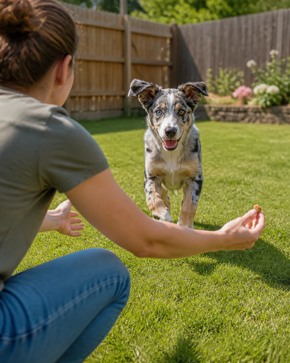 a medium athletic blue-merle puppy with one blue eye and one brown eye semi-erect ears and white chest blaze running toward a person across a small fenced backyard the person crouching with arms open and a treat visible in one hand the puppy mid-stride with ears bouncing bright sunny day