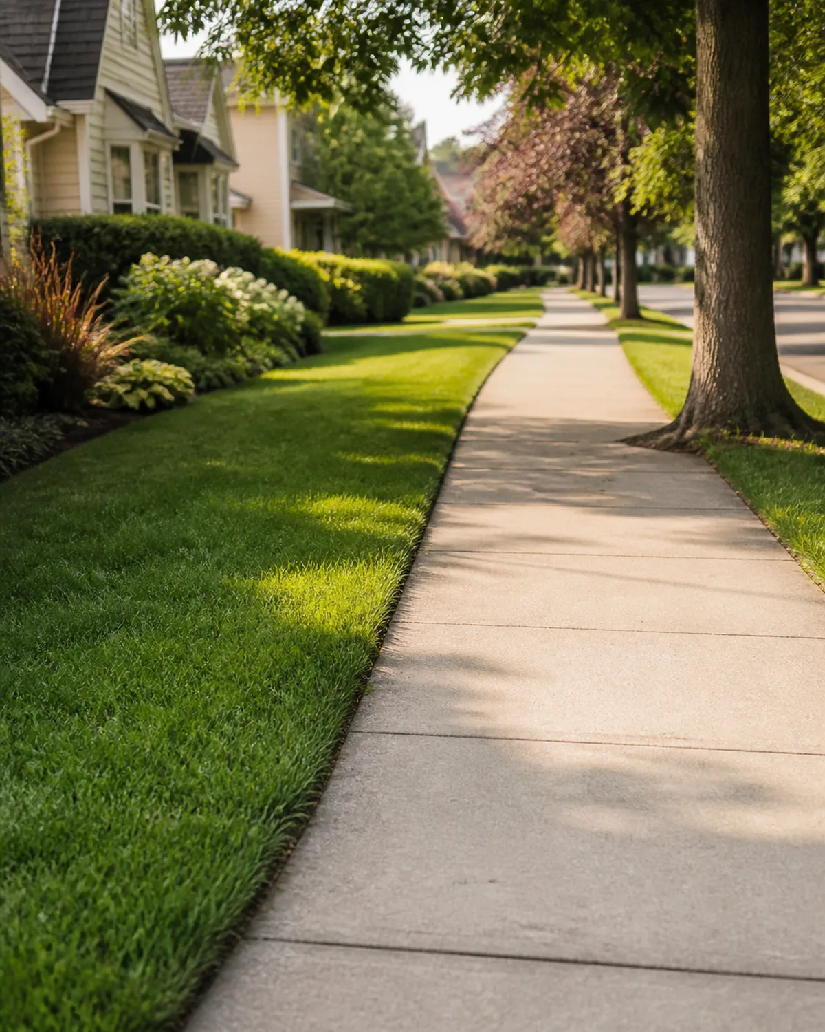 a view of a clean quiet residential sidewalk with a small section of grass strip beside it bright daylight no dogs in this image just the path and surroundings