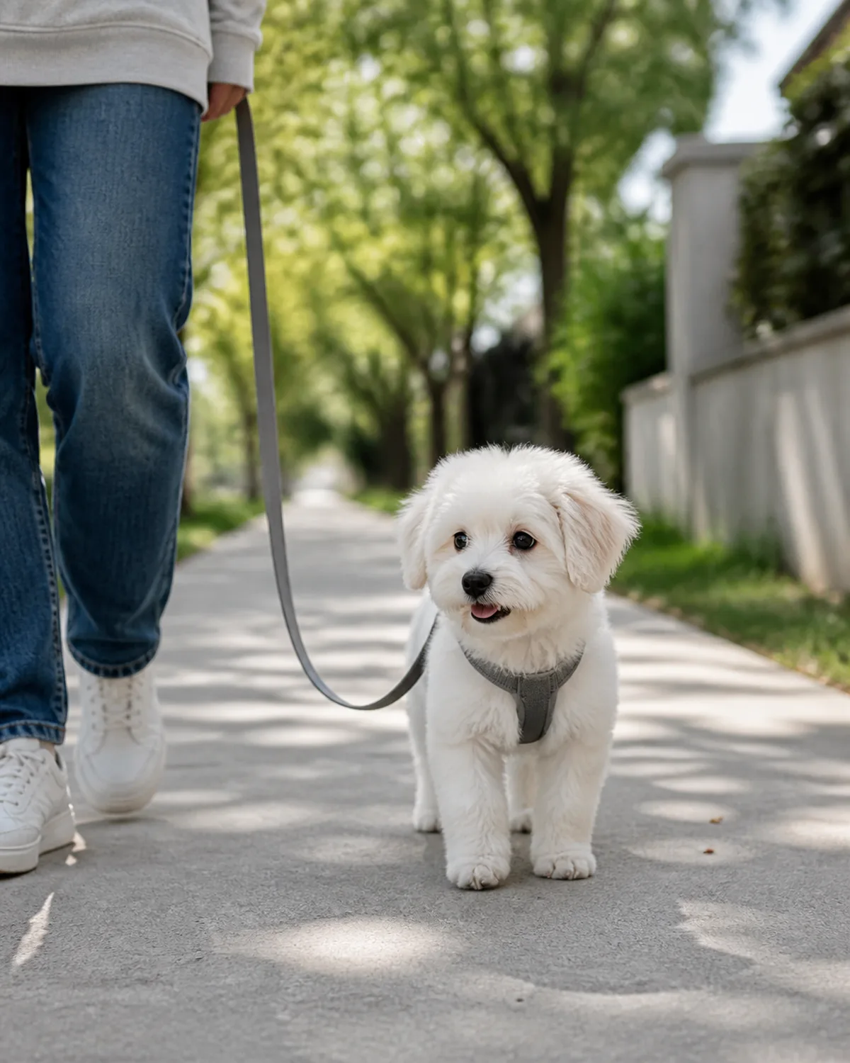a small fluffy pure-white puppy with dark round eyes and a button nose walking slowly beside a person on a quiet tree-lined sidewalk the puppy looking around curiously with a slightly tired but happy expression afternoon dappled light through leaves