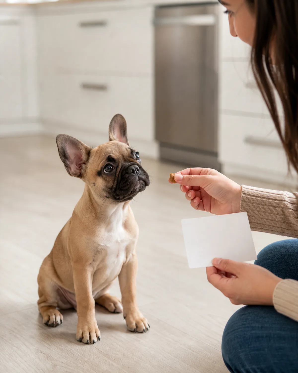 a small smooth-coated fawn puppy with a darker muzzle round dark eyes and bat-like erect ears sitting on a clean kitchen floor looking up at a person holding a small paper card in one hand and offering a treat with the other bright indoor light