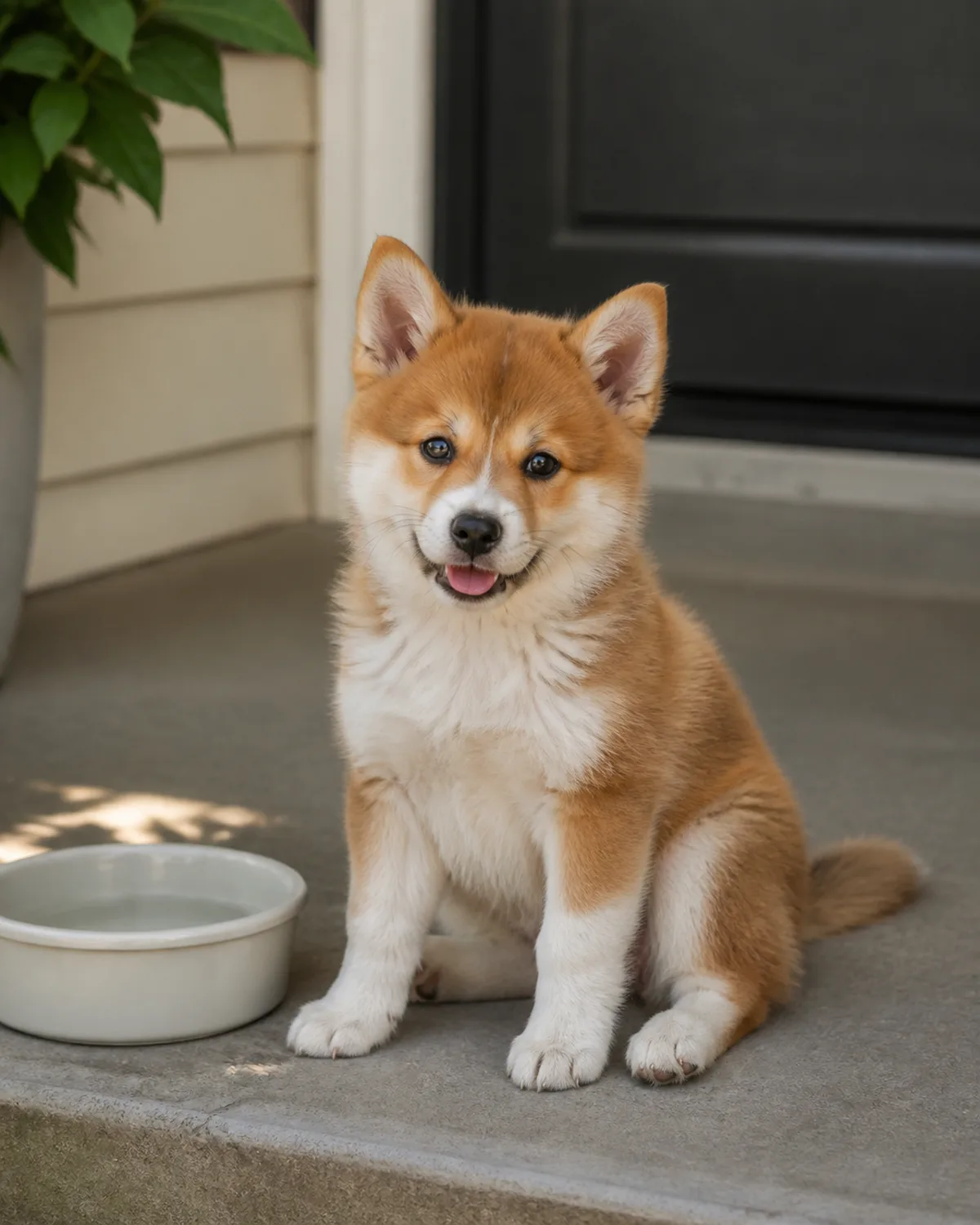 a tiny compact puppy with a thick red-and-white double coat and a foxy face with erect ears sitting on a shaded front porch step on a warm day a water bowl beside it the puppy panting lightly and looking comfortable in the shade soft diffused light suggesting early morning