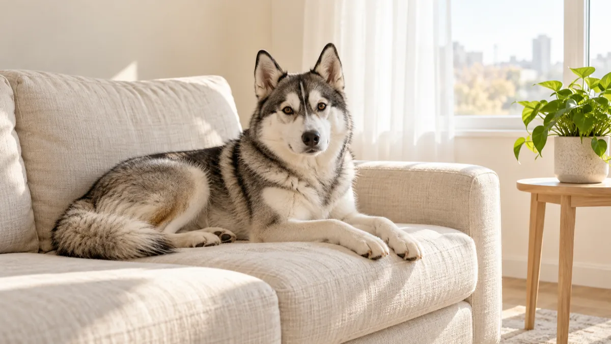 a medium grey-and-white double-coated dog with erect triangular ears lying calmly on a cream linen couch in a small bright apartment living room with morning light through white curtains