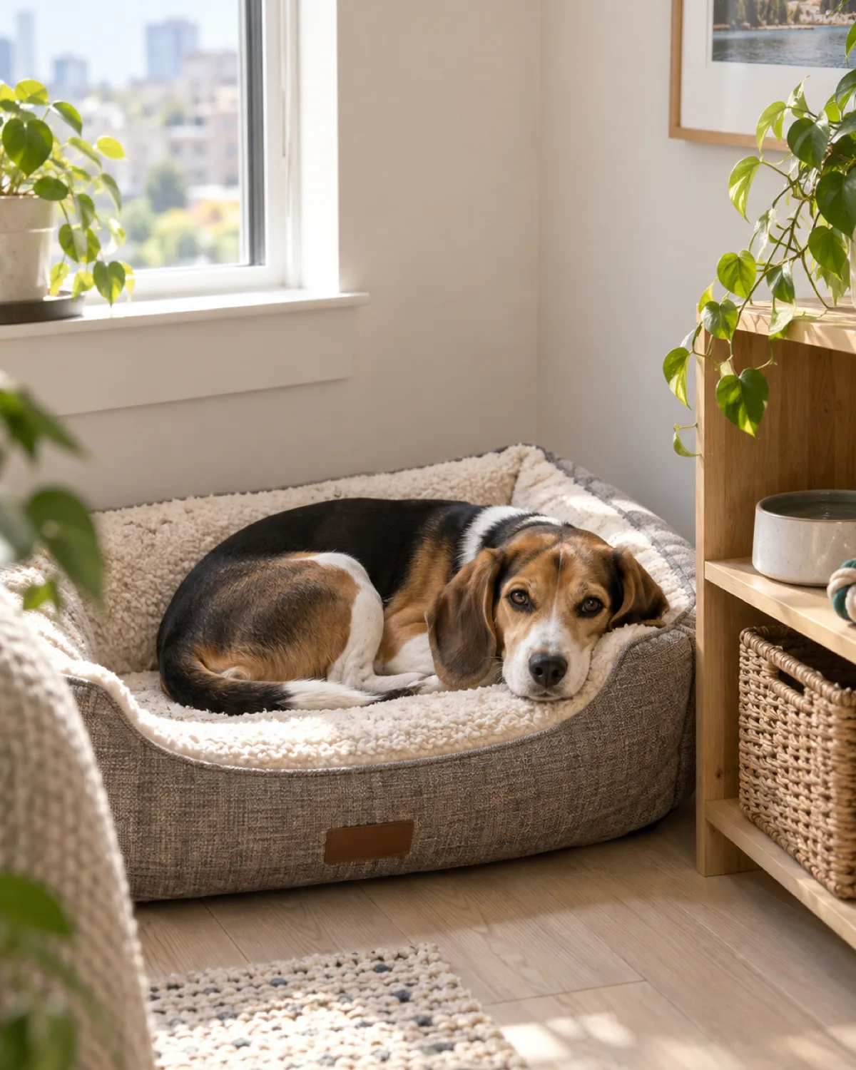 a small sturdy tricolor short-coated hound with long low-set floppy ears curled up on a padded dog bed tucked into a corner of a small apartment with pale wood floor and a low shelf beside the bed holding a water bowl and chew toy in bright natural light