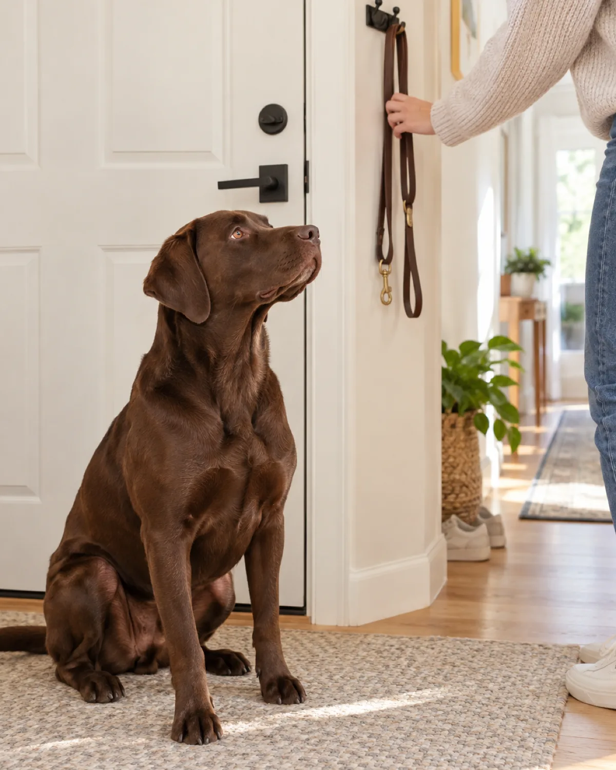 a large solid chocolate-brown short-coated dog with floppy ears sitting by the front door of an apartment with a leash hanging on a wall hook beside the door and the owner reaching for the leash in bright hallway light