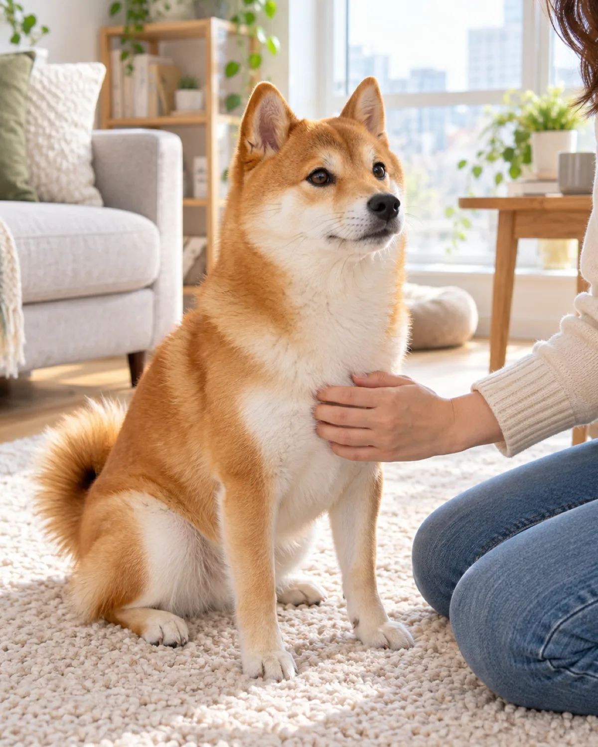 a small compact dog with a thick orange-red double coat and white underside with erect ears and a curled tail sitting calmly on a cream area rug in a small living room with the owner kneeling beside with one hand on the dog chest and the dog expression calm in bright window light