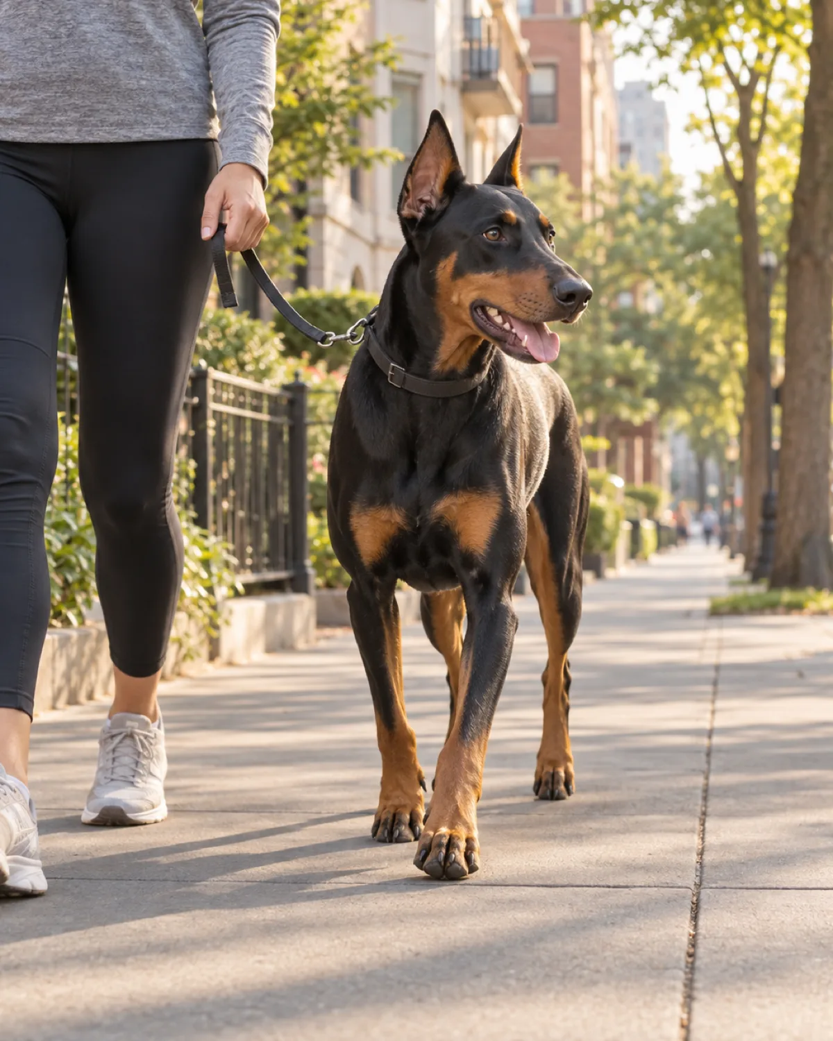 a large lean muscular dog with a sleek black-and-tan short coat with sharp rust points and upright ears trotting beside the owner on a wide tree-lined sidewalk in early morning light with soft shadows on the pavement and apartment buildings in the soft-focus background