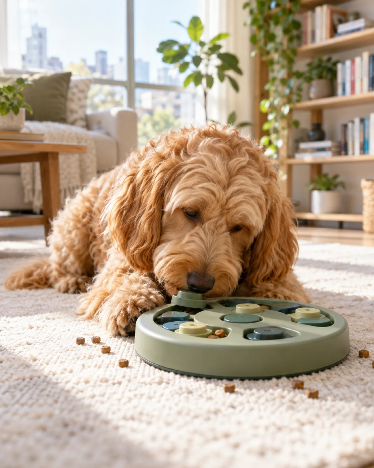 a medium dog with a soft shaggy wavy-to-curly golden coat and floppy ears and a rounded teddy-bear face lying on a pale cream rug pushing a rubber puzzle toy with its nose with kibble scattered around in bright living room light from a large window with a bookshelf in the background