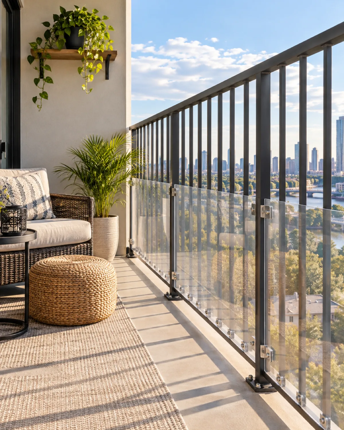 a small apartment balcony with a clear plexiglass panel secured along the lower railing and a non-toxic potted plant on a high shelf out of reach in bright afternoon sunlight with a city view in the background showing a safe dog-proofed outdoor space
