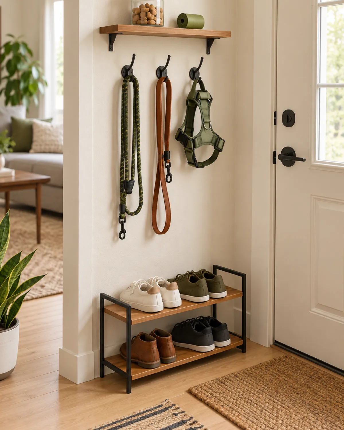 a corner of a small apartment entryway with wall-mounted hooks holding two leashes and a harness and a narrow floating shelf above with a treat jar and waste bag roll and a slim shoe rack below on a pale wood floor in bright overhead light showing organized vertical storage
