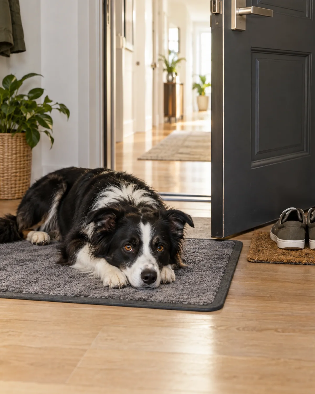 a medium athletic dog with a black-and-white coat with a white blaze and chest and semi-erect ears lying on a mat beside an apartment front door that is slightly ajar with the dog calm and head resting on paws in bright hallway light with a pair of shoes on a mat beside the door