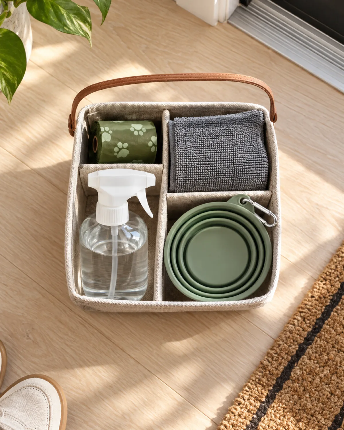 a flat lay on a pale wood surface near a front door showing a small caddy holding waste bags and a microfiber towel and a spray bottle of floor cleaner and a collapsible water bowl all compact and organized in bright natural light