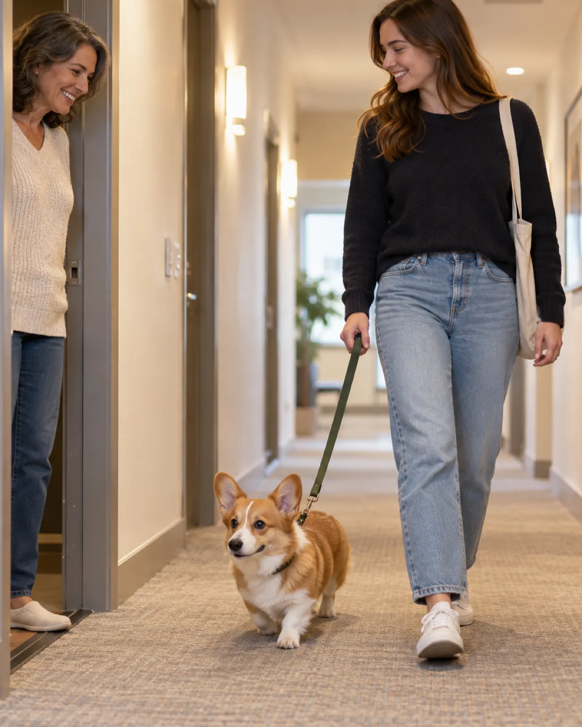 a small dog with very short legs and a long low body and a red-and-white coat with oversized erect ears walking calmly on a short leash beside the owner in a bright apartment hallway passing a smiling neighbor with overhead hallway lighting