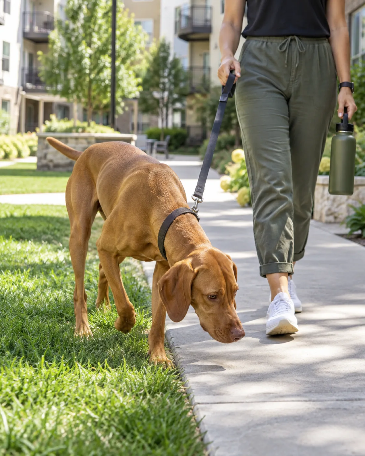 a medium-large sleek dog with a uniform rusty golden-brown short coat and floppy ears and a lean athletic frame walking with the owner around an apartment complex courtyard in midday sunlight with green grass and the dog sniffing along a sidewalk edge