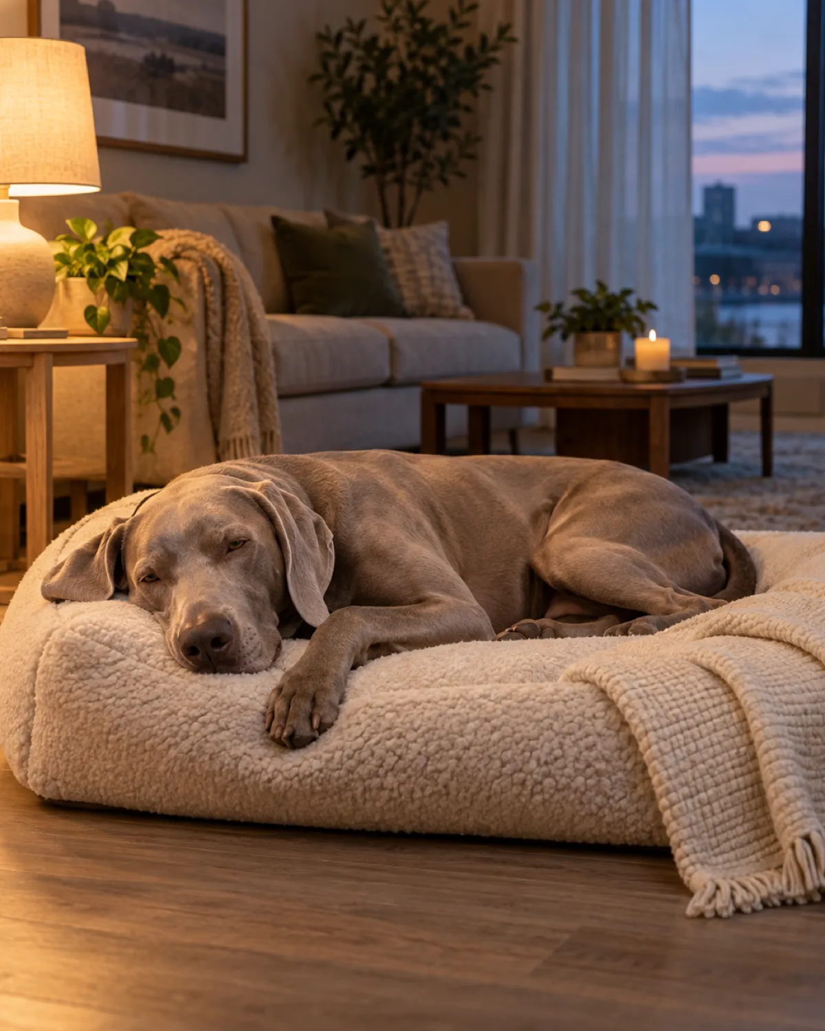 a large sleek dog with a solid silver-grey short coat and floppy ears and pale eyes lying on a cream dog bed in a dim evening-lit apartment living room with a warm-toned lamp on a side table casting soft amber light and the dog eyes half-closed and relaxed with a folded blanket draped over the bed