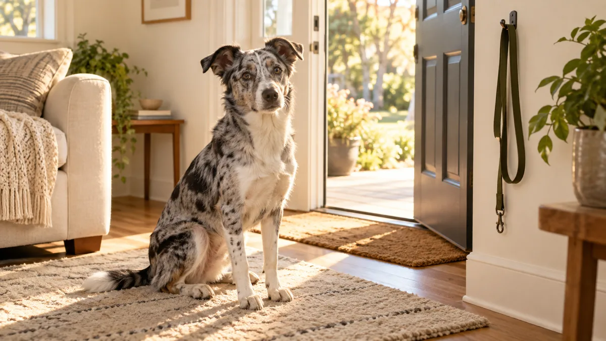 a medium dog with a sleek blue-merle coat dappled grey-black-white patches and semi-erect ears sitting calmly on a cream living room rug near an open front door with warm afternoon light streaming through the doorway