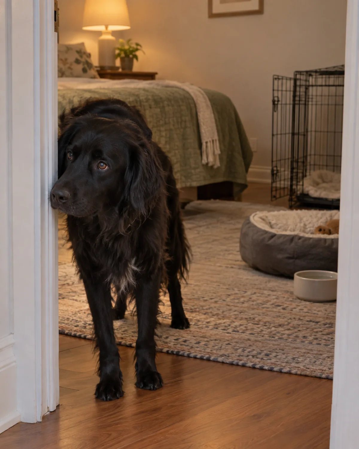 a large solid-black long-coated dog with feathered chest and legs floppy ears and a broad gentle face sniffing the doorway of a small bedroom set up with a dog bed water bowl and crate in soft lamp light