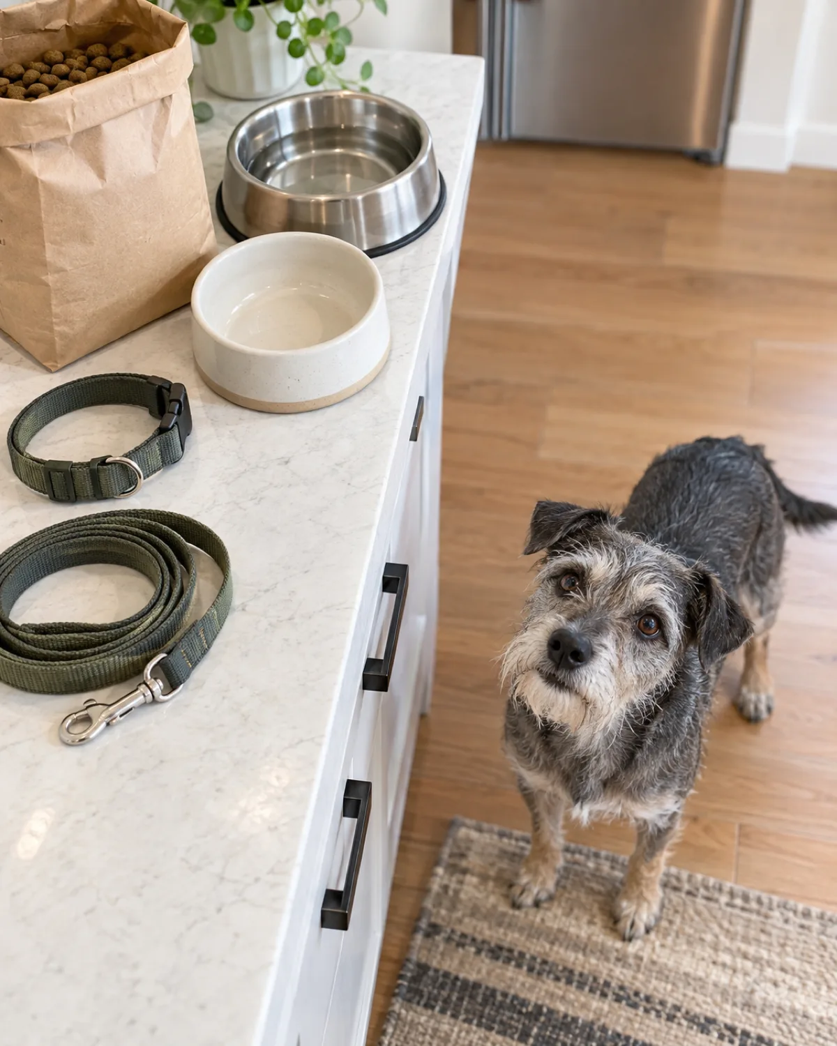 a small compact dog with a wiry salt-and-pepper coat bushy eyebrows and a rectangular muzzle standing beside a row of supplies on a light kitchen counter with a collar leash bowls and a bag of kibble in bright overhead light