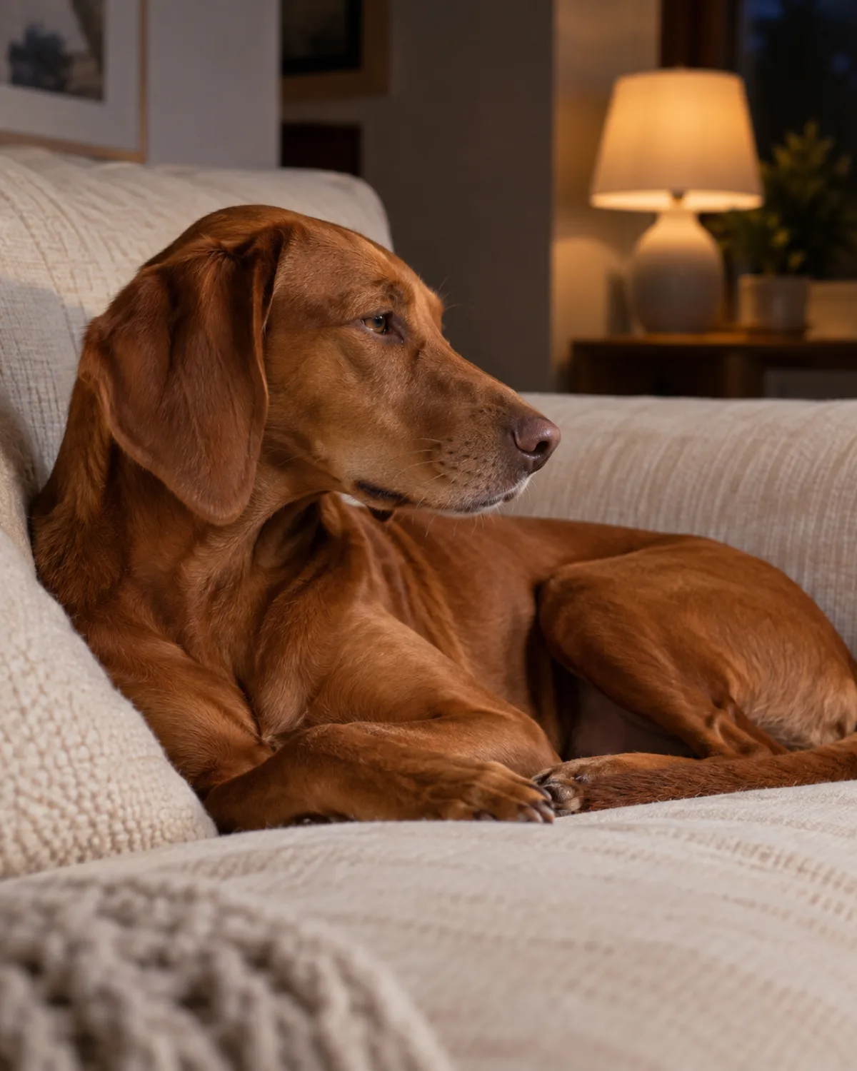 a medium lean dog with a smooth deep-red coat floppy silky ears and a long elegant muzzle lying quietly on a cream sofa cushion in a dimly lit living room with evening lamp glow and calm half-closed eyes