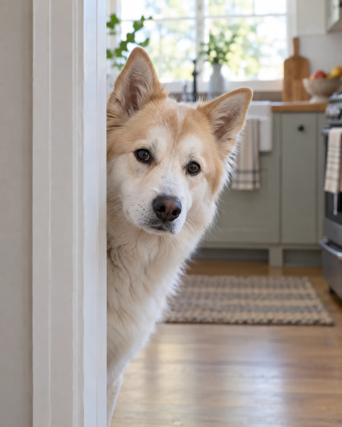 a medium-large dog with a thick cream-and-white double coat erect triangular ears and a fox-like face peering cautiously around a doorframe into a bright kitchen with only head and shoulders visible in natural window light