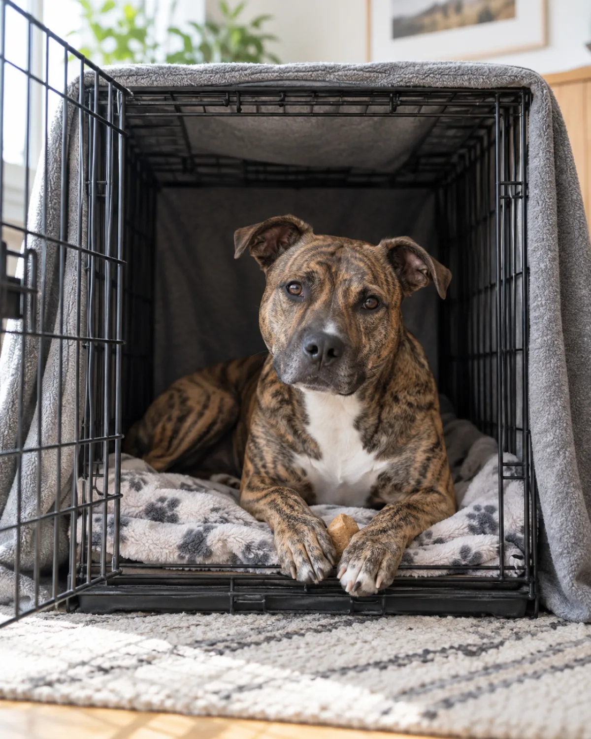 a medium muscular dog with a short brindle coat tiger-striped fawn-and-black and a white chest patch lying inside an open wire crate on a folded fleece blanket with a treat between front paws and the crate draped with a grey blanket on three sides