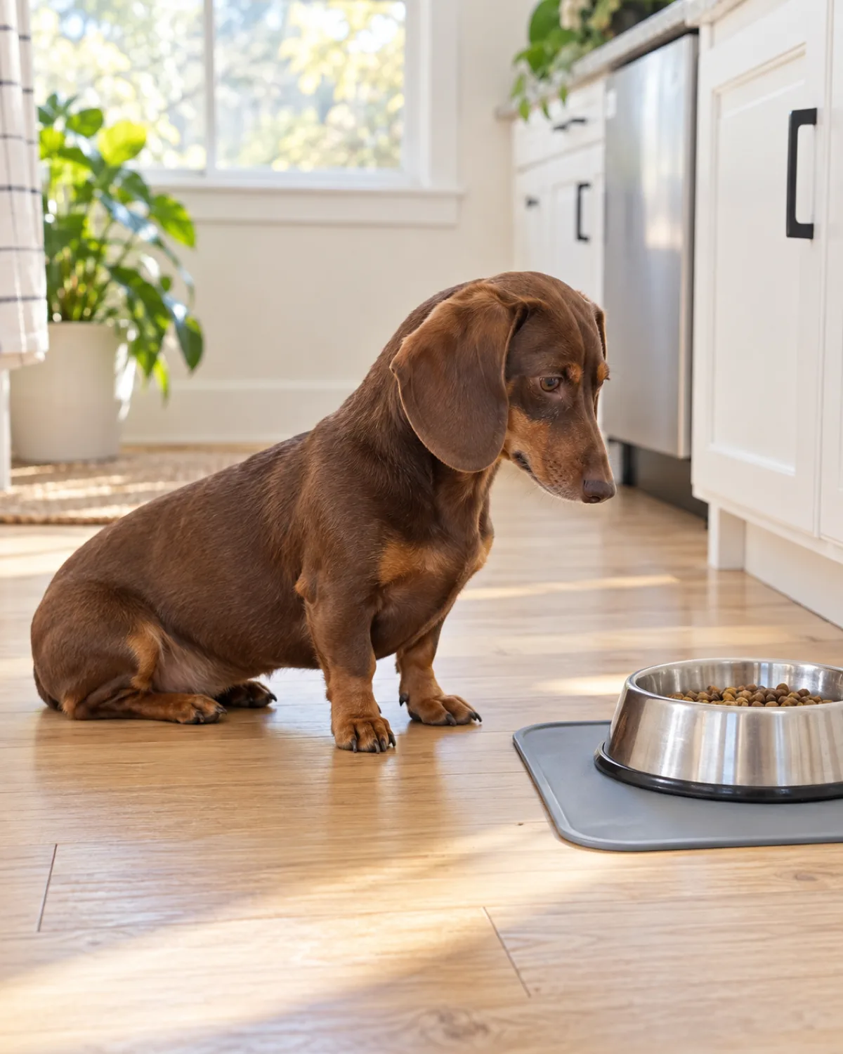 a small long-bodied dog with very short legs a smooth chocolate-brown coat and long drooping ears sitting politely on a light wood kitchen floor beside a stainless bowl on a silicone mat in morning window light