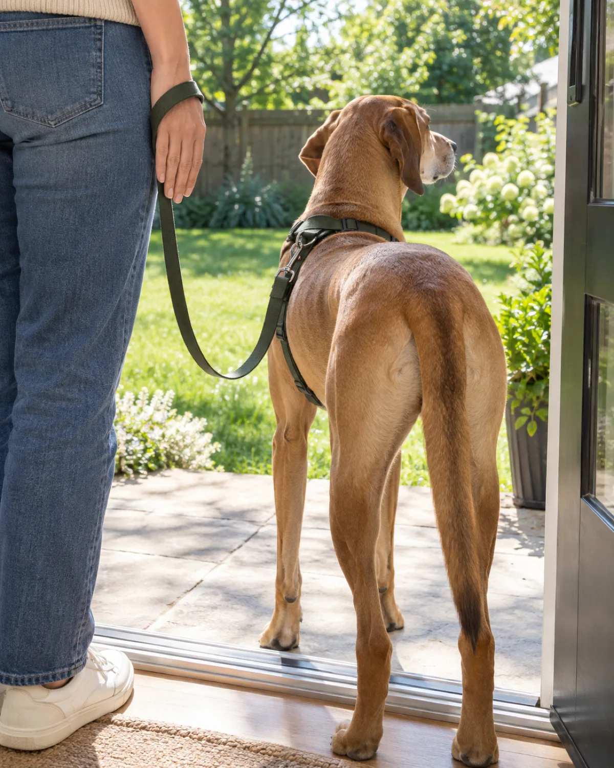 a large athletic dog with a short tawny-gold coat a deep chest and large floppy ears standing near a back door on a patio with a leash clipped to a harness in bright midday sun looking alertly at the yard