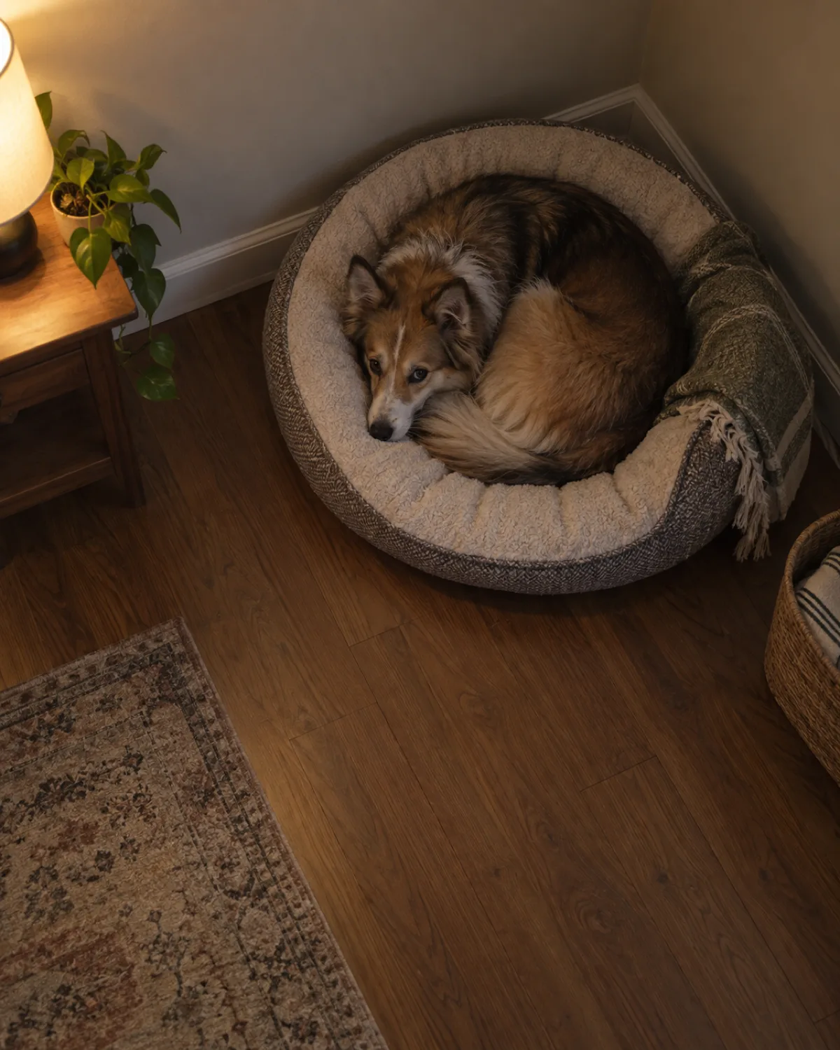 a medium dog with a thick sable-and-white double coat pointed muzzle and erect ears curled up in a tight ball on a dog bed in the corner of a quiet room with eyes open but body still in warm low lamp light