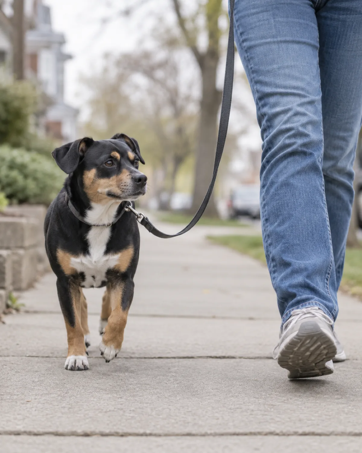 a small dog with a smooth tricolor coat black body tan eyebrows and white chest walking calmly on a sidewalk beside a person on a leash in overcast soft daylight with relaxed loose-leash gait