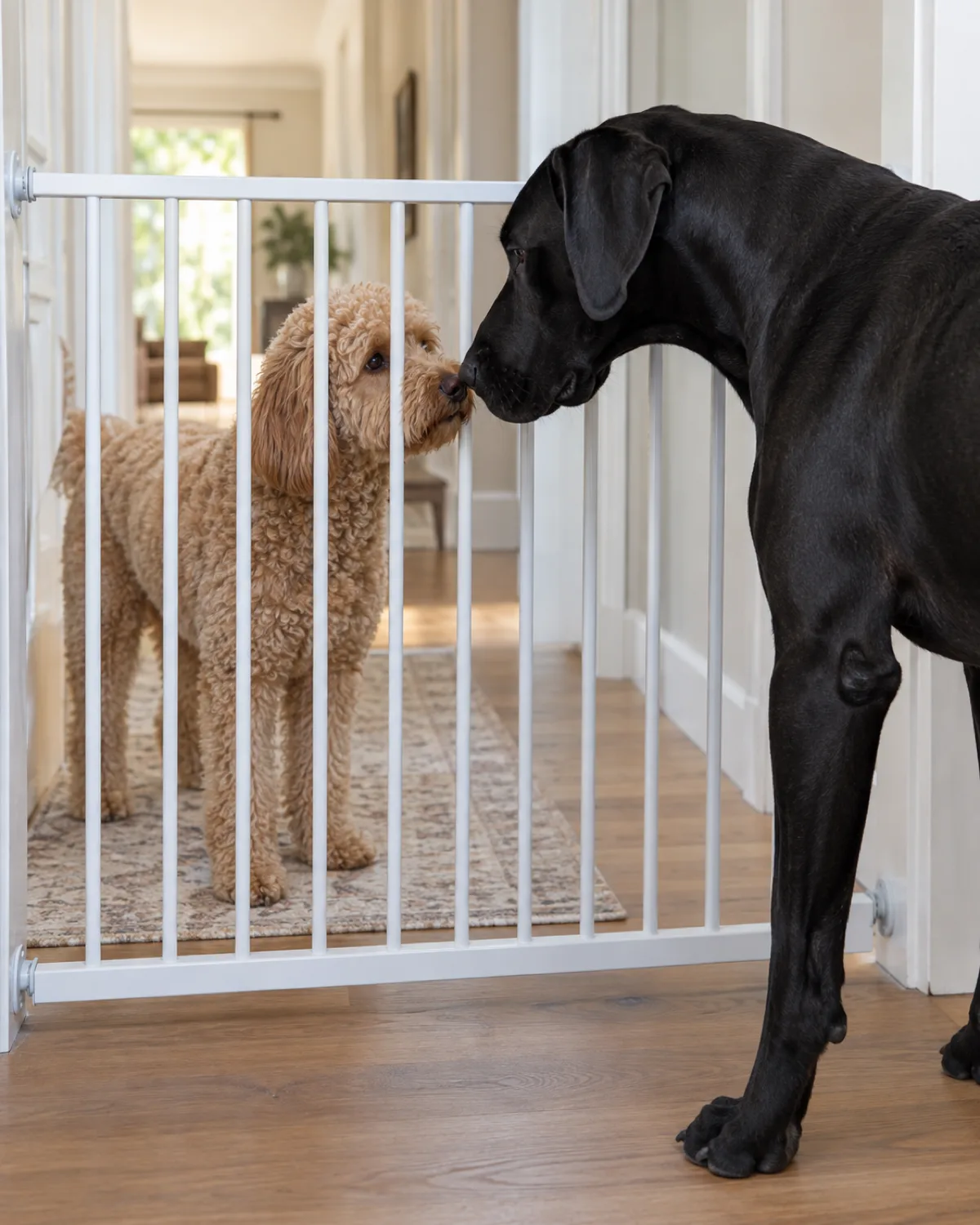 a medium dog with a curly apricot coat and a round teddy-bear face and a large dog with a short solid-black coat meeting nose-to-nose through a baby gate in a bright hallway with both dogs calm and sniffing